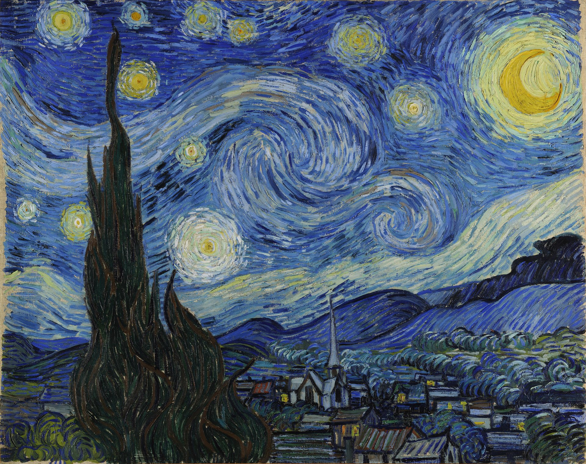 The Starry Night by Vincent van Gogh, displayed in a Samsung Frame TV